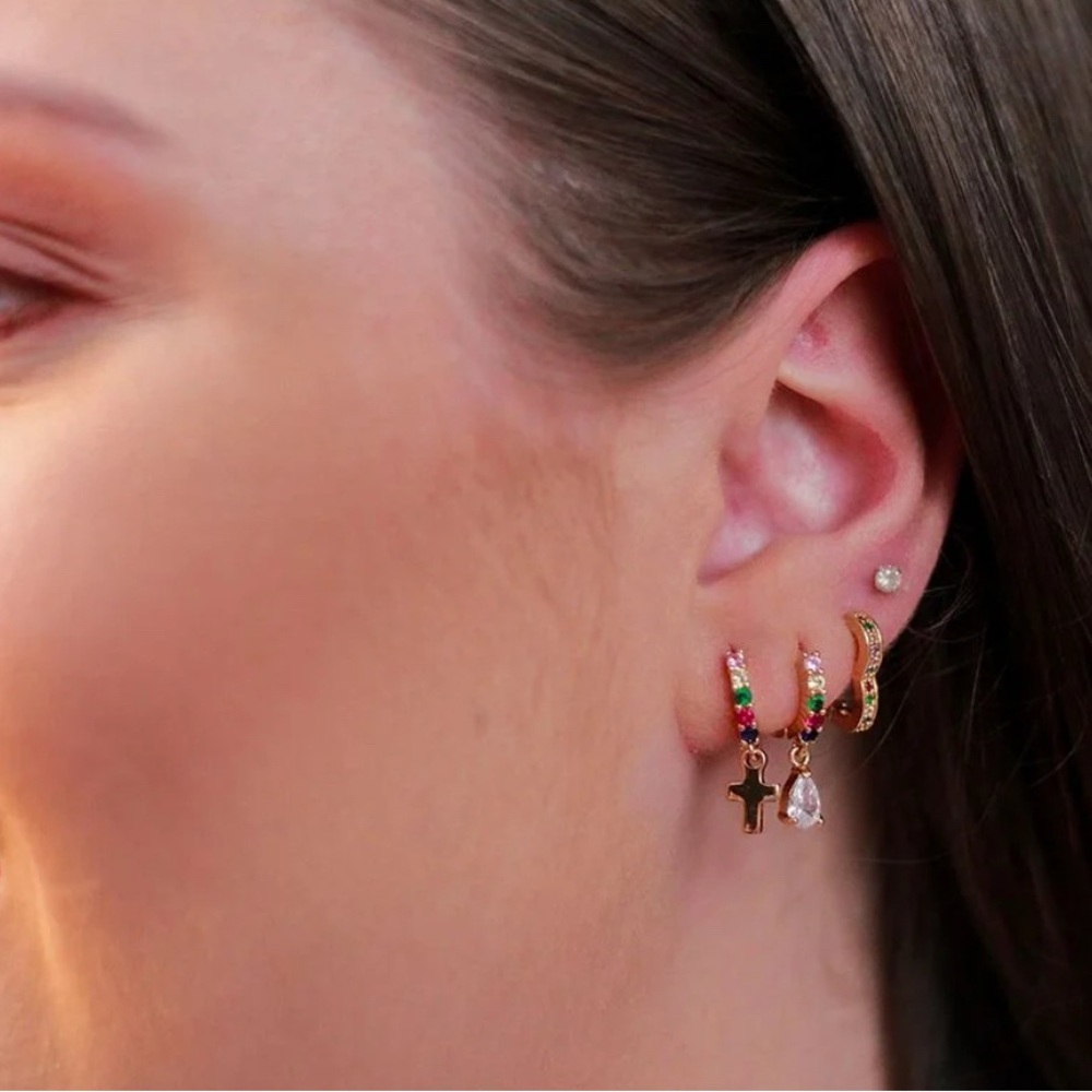 14k Gold Plated Rainbow CZ Gemstone Hoop Earrings. New. - Picture 2 of 8